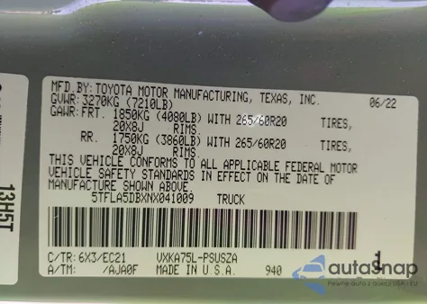 2022 Toyota Tundra Sr5 z USA, uszkodzony, nr VIN 5TFLA5DBXNX041009